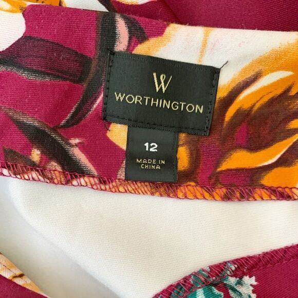 Worthington Maroon Floral Cropped Sleeve Scuba Midi Gold Side Zip Dress Size 12 - Picture 6 of 7